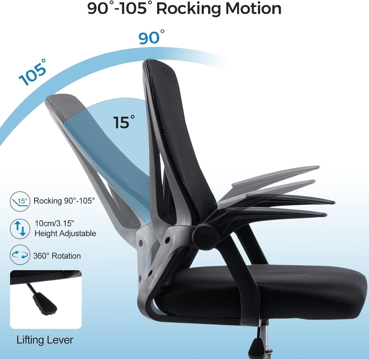 Office Chair Flip-up Armrest Managerial Desk Chair Mesh Back Gas Lift Swivel Chair (Black)