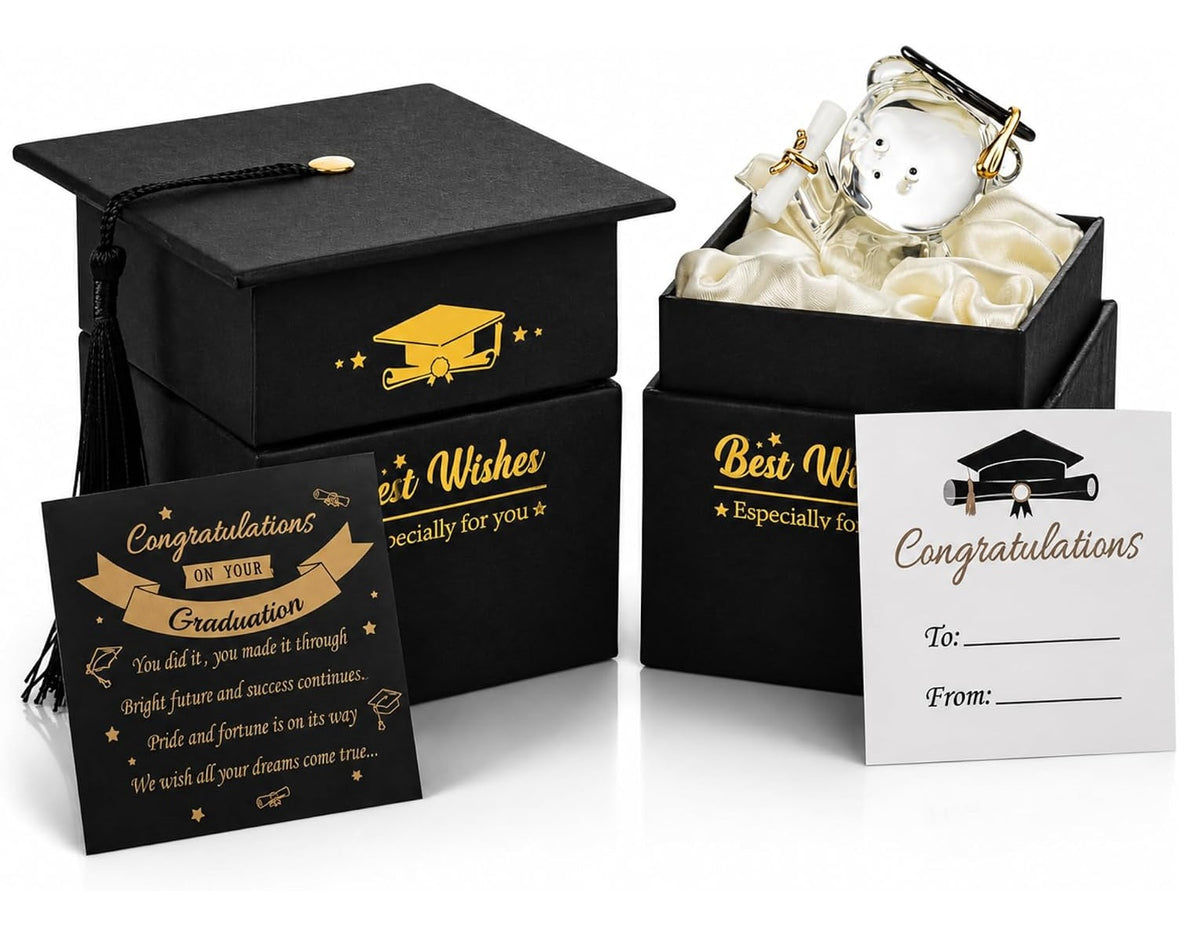 Graduation Gift Glass Teddy Bear With Poem In Mortar Board Cap Gift Box With Gift Congratulations Card