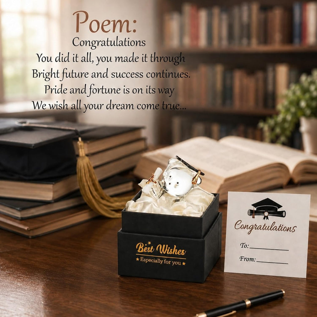 Graduation Gift Glass Teddy Bear With Poem In Mortar Board Cap Gift Box With Gift Congratulations Card