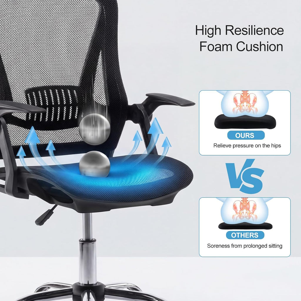 Office Chair Flip-up Armrest Managerial Desk Chair Mesh Back Gas Lift Swivel Chair (Black)