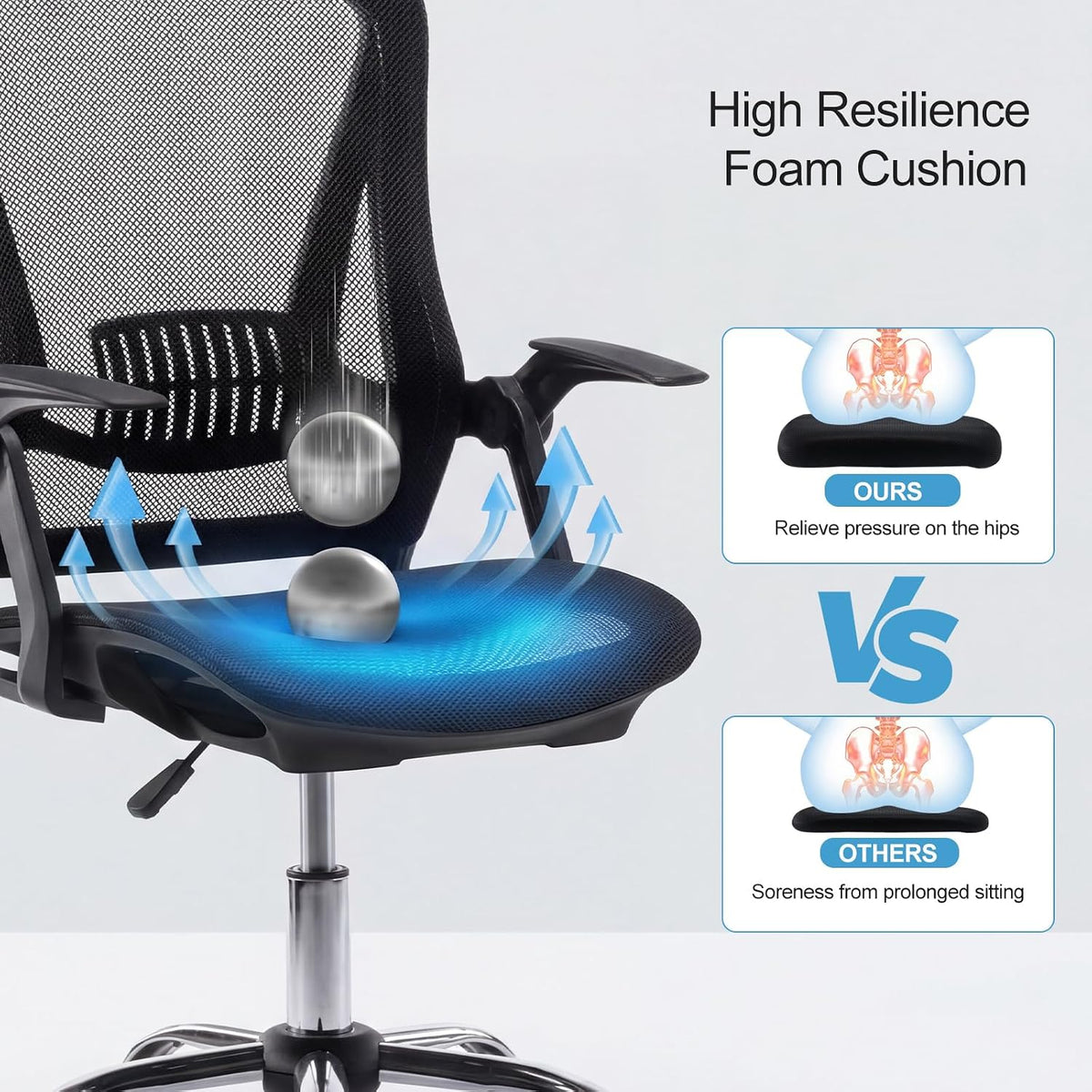 Office Chair Flip-up Armrest Managerial Desk Chair Mesh Back Gas Lift Swivel Chair (Black)