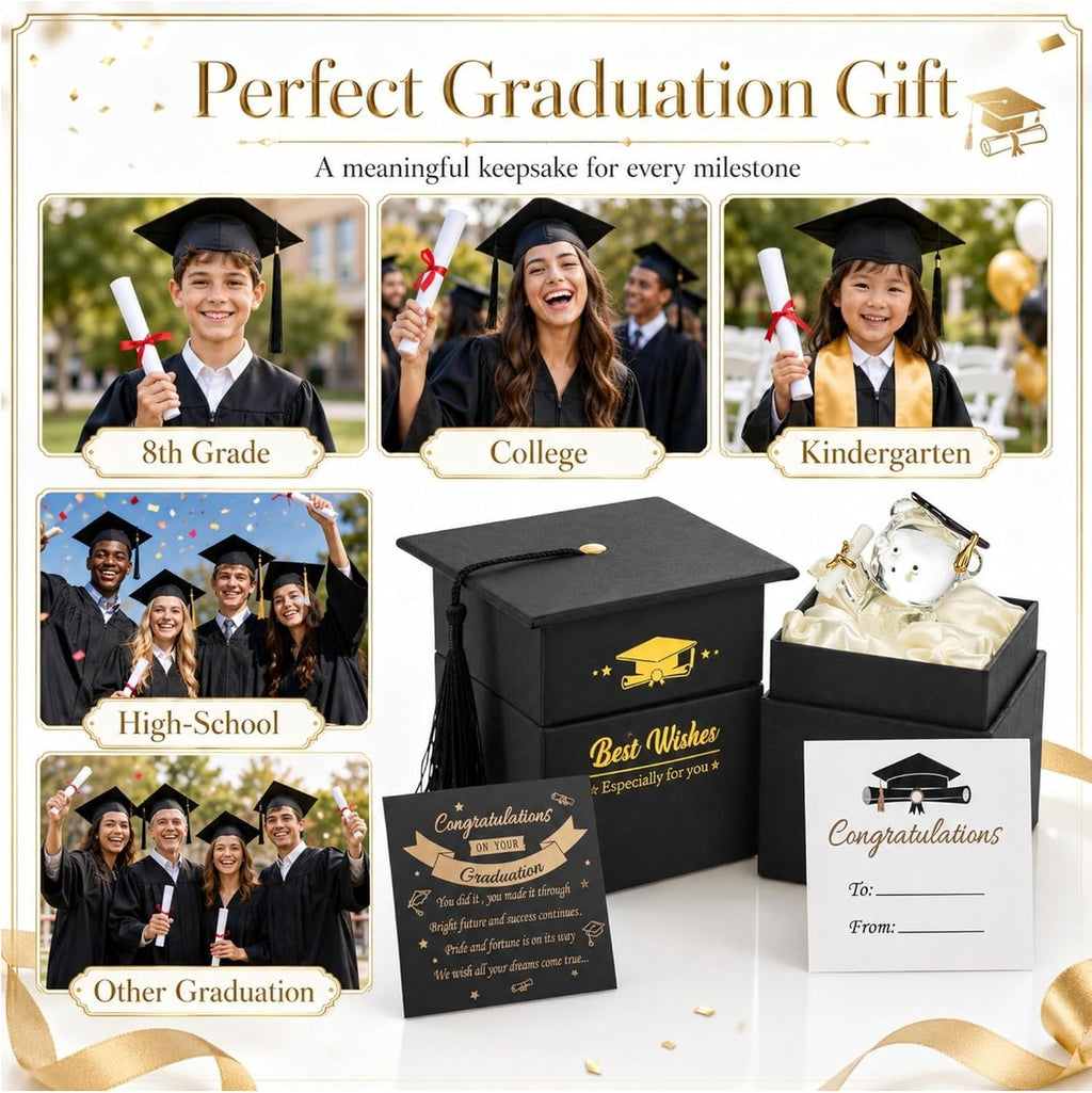Graduation Gift Glass Teddy Bear With Poem In Mortar Board Cap Gift Box With Gift Congratulations Card