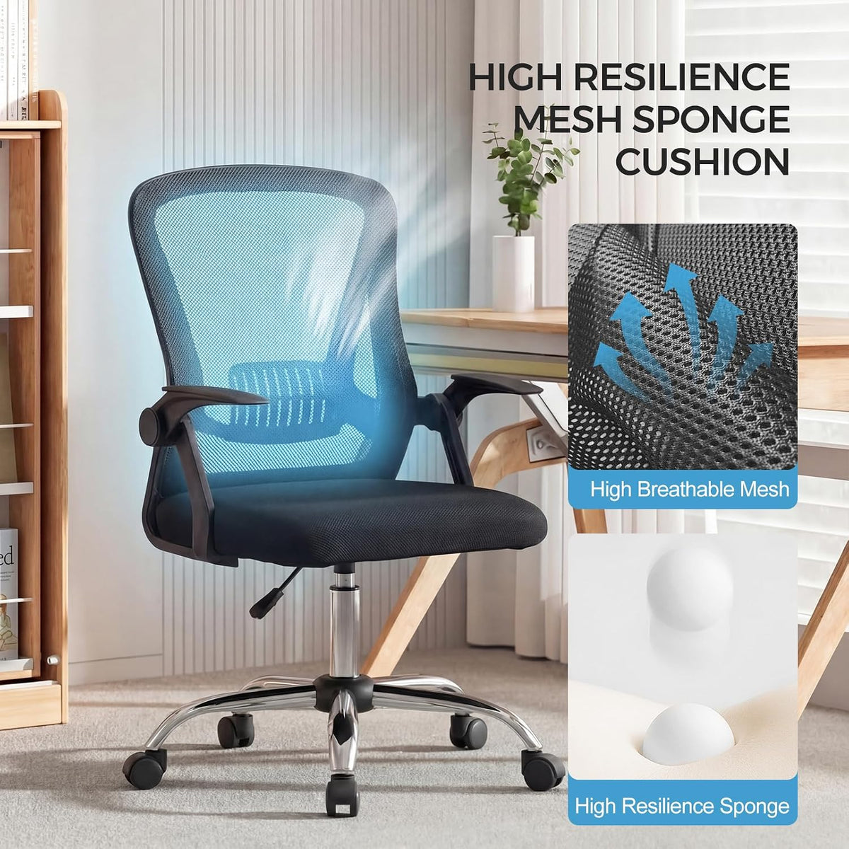 Office Chair Flip-up Armrest Managerial Desk Chair Mesh Back Gas Lift Swivel Chair (Black)